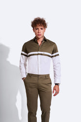 Olive Green & White Color Semi Formal Shirt | Full Sleeve | Premium Giza Cotton